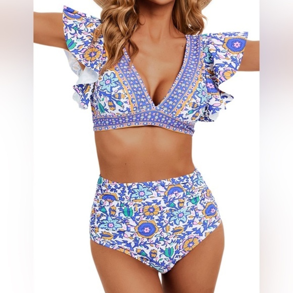Soucrat Ruffle High Waisted Two Piece Tropical Print Push Up Swimsuit Size S